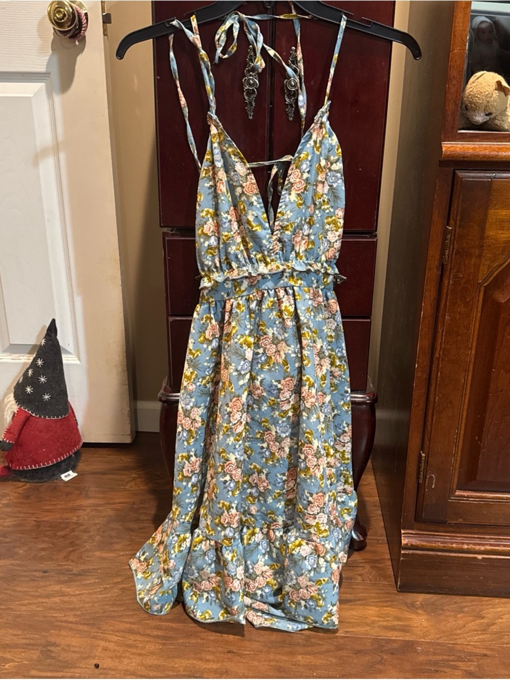 Floral Blue Maxi Sundress with Ruffle Hem
